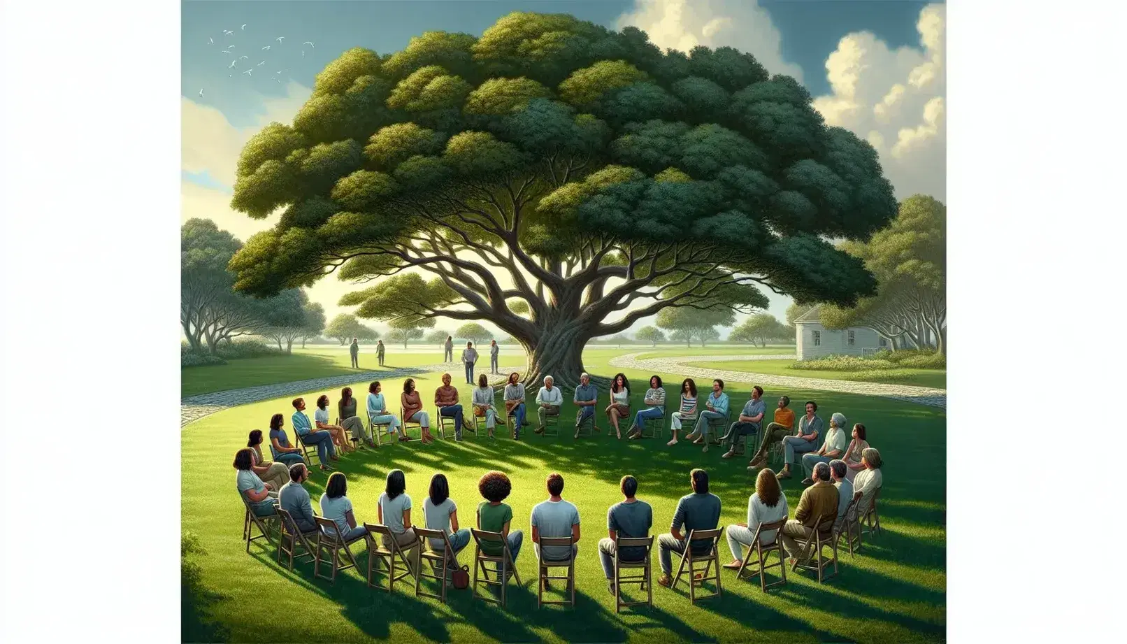 Gruppo multietnico seduto in cerchio su sedie di legno in un prato verde con albero centrale, conversando in un'atmosfera serena all'aperto.