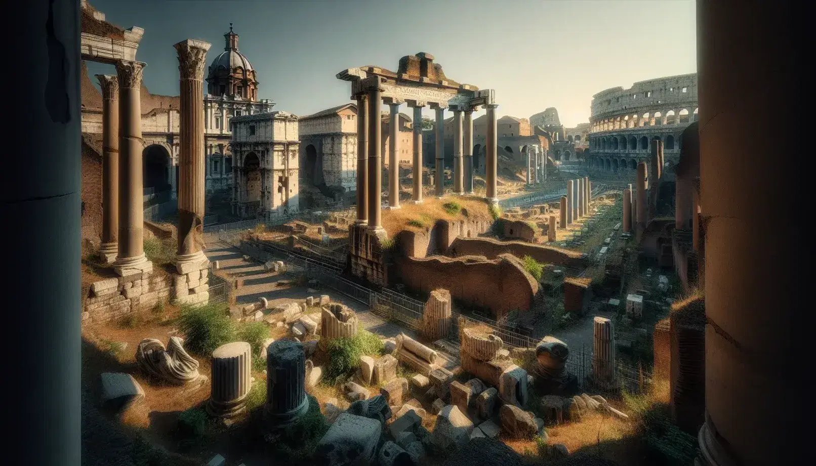Vista panorámica de las ruinas del Foro Romano con columnas y arcos en primer plano y el Coliseo al fondo en un día soleado.