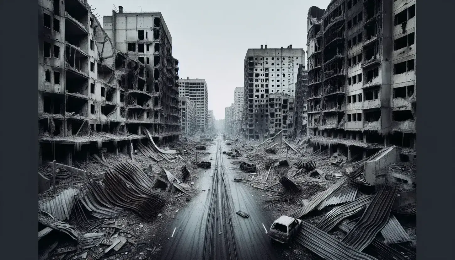 Paesaggio urbano devastato con edifici distrutti, strada dissestata e detriti, senza segni di vita, sotto un cielo grigio.
