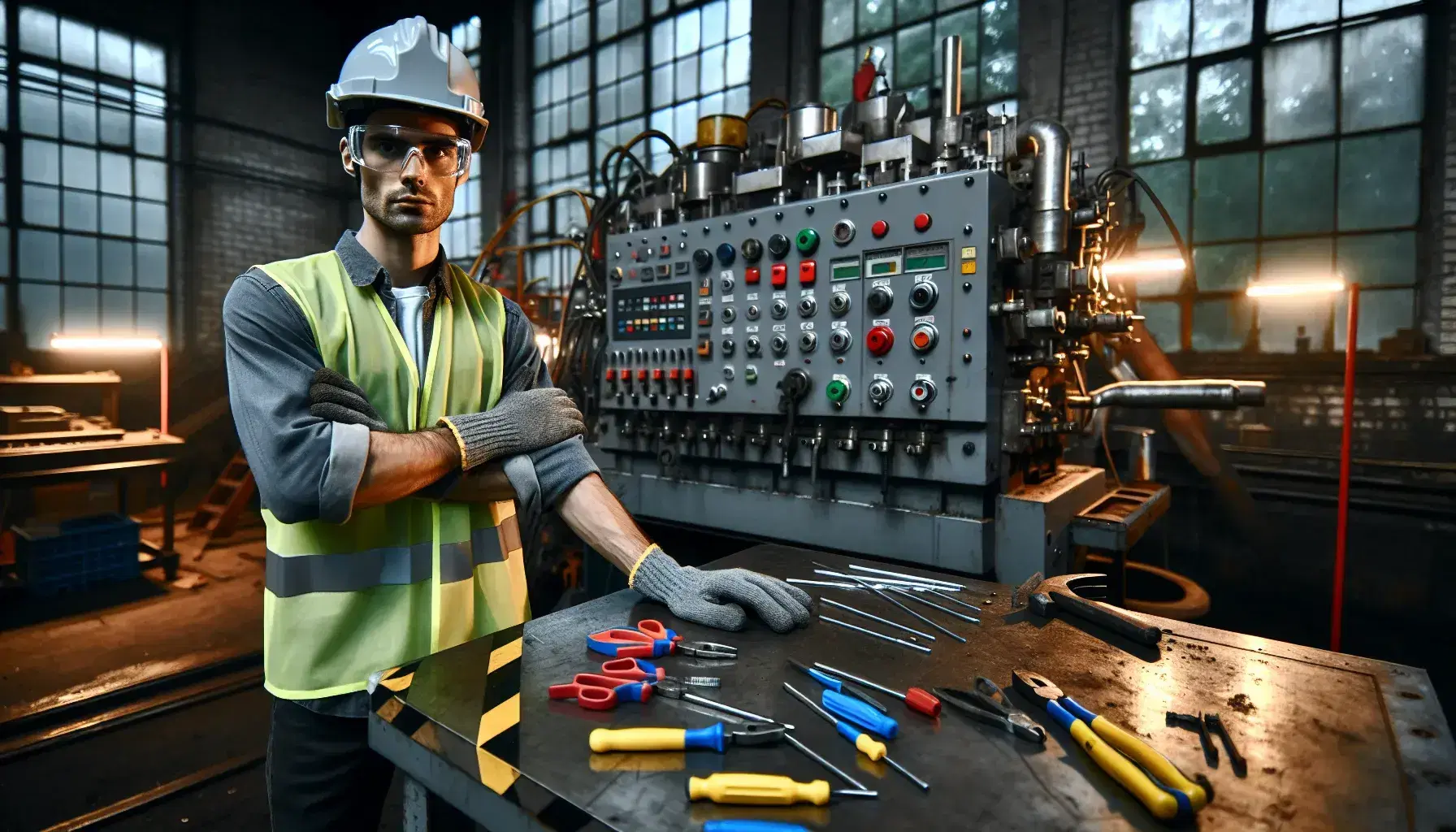 Trabajador caucásico con casco, gafas de seguridad, guantes y chaleco reflectante junto a mesa con herramientas y máquina industrial en fondo con señalización de seguridad.