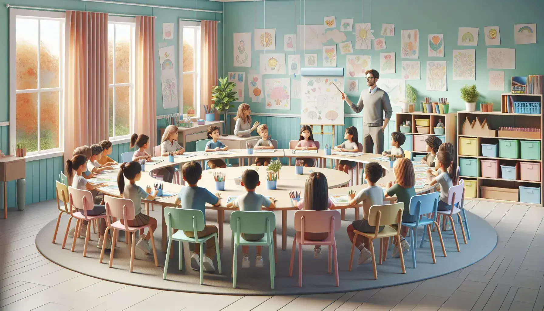 Aula escolar colorida con niños y adultos sentados alrededor de una mesa redonda, enfocados en un educador que muestra un recurso didáctico, en un ambiente de aprendizaje colaborativo.