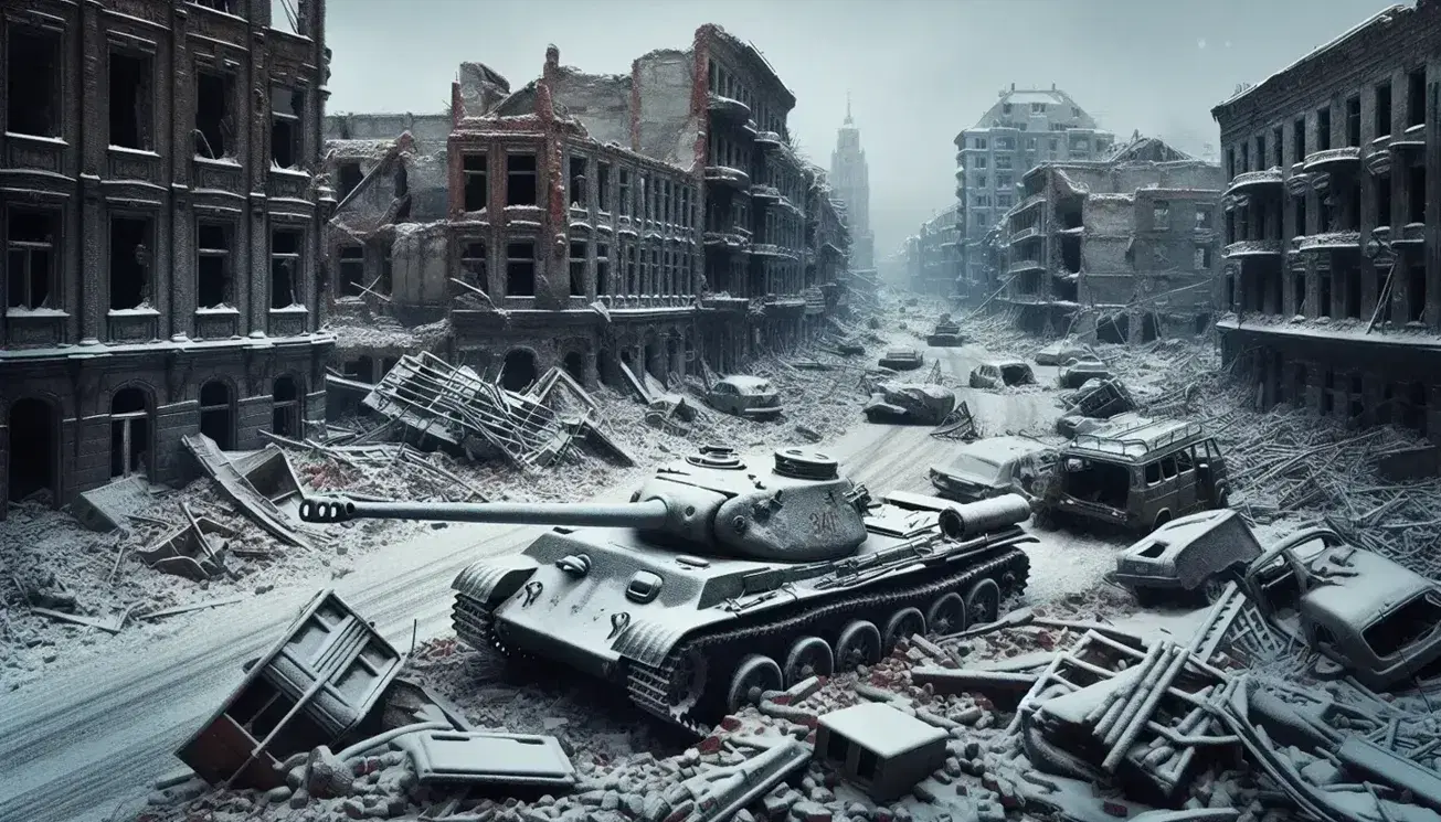 Escena invernal de ciudad devastada por la guerra con tanque militar abandonado y edificios derruidos bajo un cielo gris plomizo.