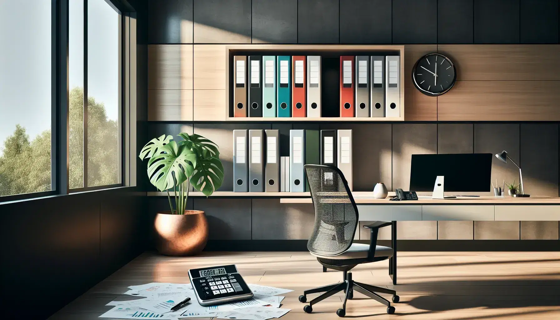 Oficina moderna y luminosa con escritorio de madera, calculadora, gráficos, teléfono, silla ergonómica, estantería con carpetas y planta interior, reflejando profesionalismo en contabilidad.