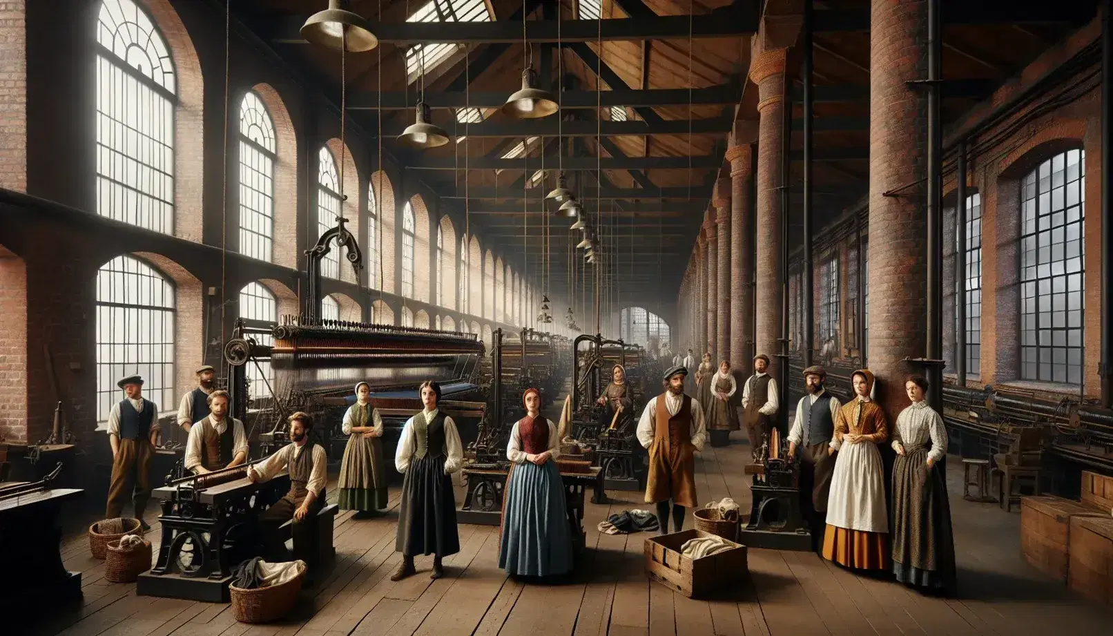 19th century industrial factory scene with multi-ethnic workers in period clothing among mechanical looms, arched windows and wooden floor.