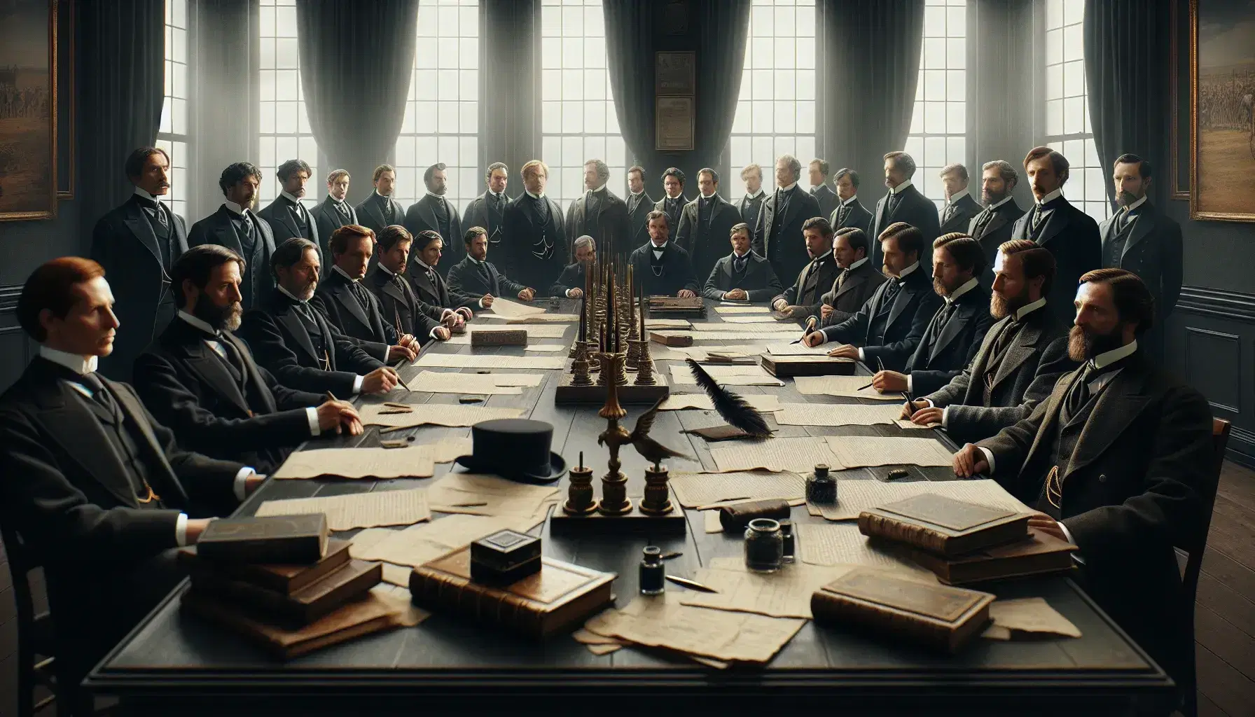 Grupo de hombres del siglo XIX en debate, vestidos con trajes de época, alrededor de una mesa con documentos y plumas, en una sala iluminada naturalmente.