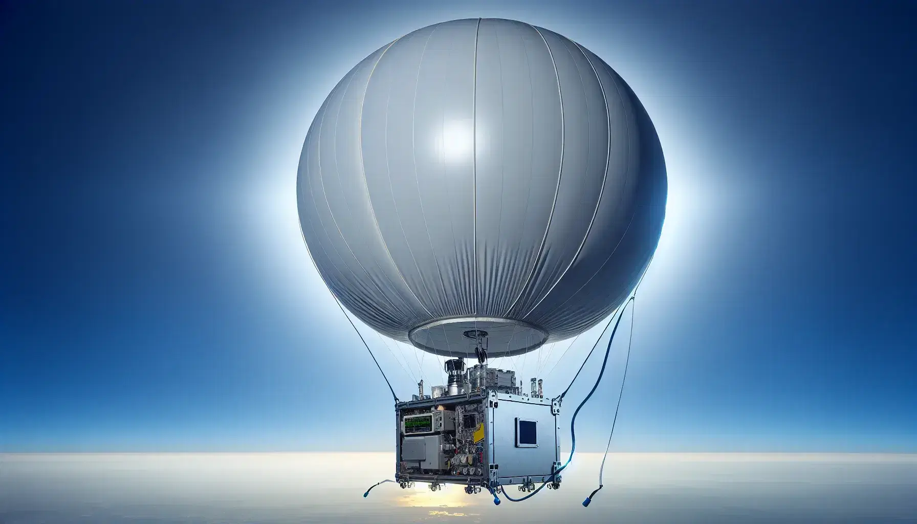 Pallone meteorologico bianco in ascensione nel cielo azzurro senza nuvole con strumentazione scientifica grigia attaccata tramite cavi.