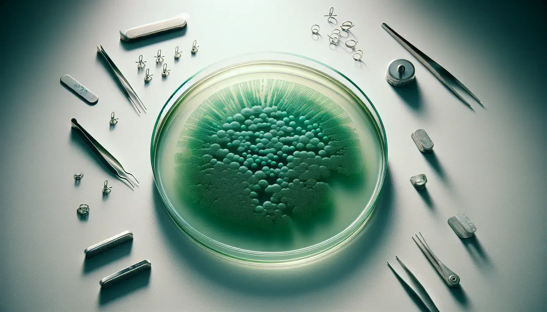 Petri dish on white lab countertop with dense green bacterial colonies concentrated in center, thinning towards edges, with reflective agar surface.