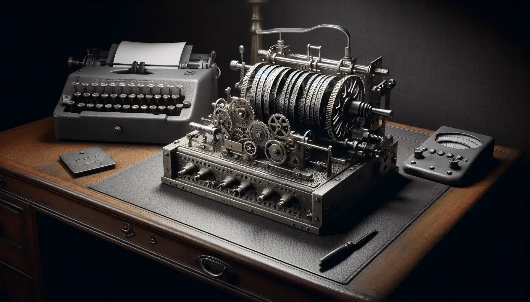 Mechanical Turing machine and Enigma on vintage desk, with blurred photo of elegant man in background, soft lighting.