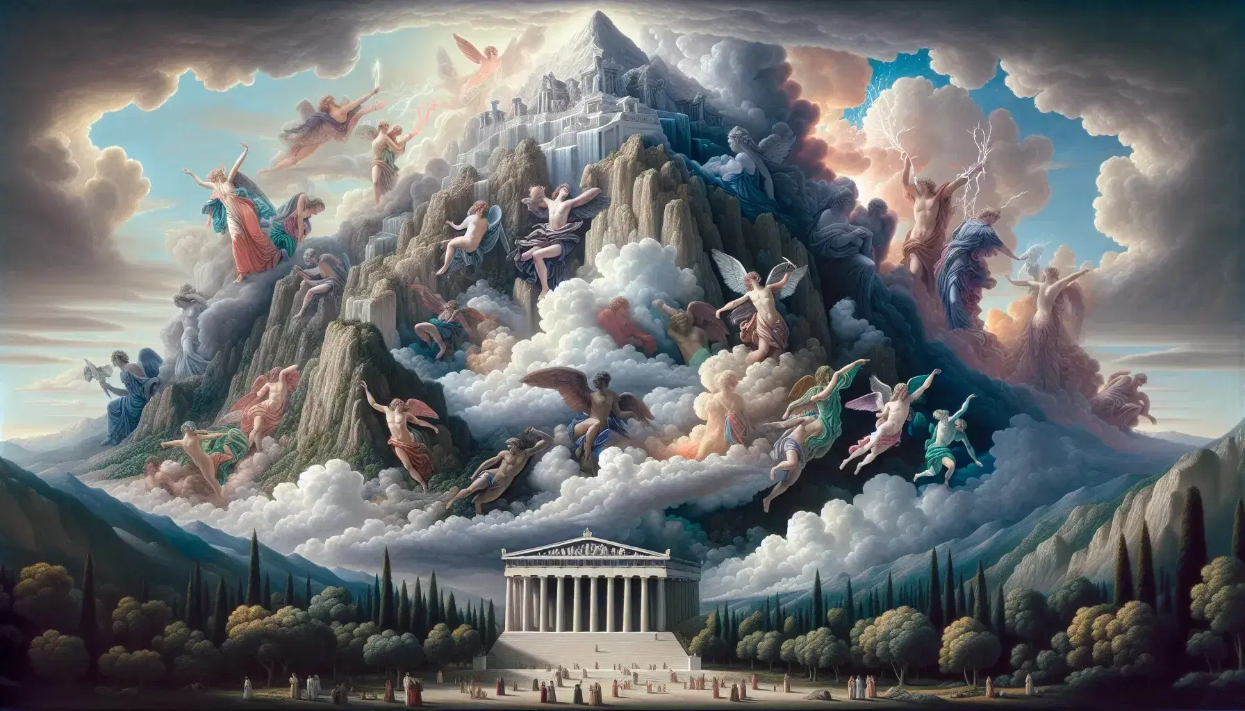 Rappresentazione artistica del Monte Olimpo con divinità greche, tempio marmoreo, fedeli e foresta lussureggiante sotto cielo nuvoloso.