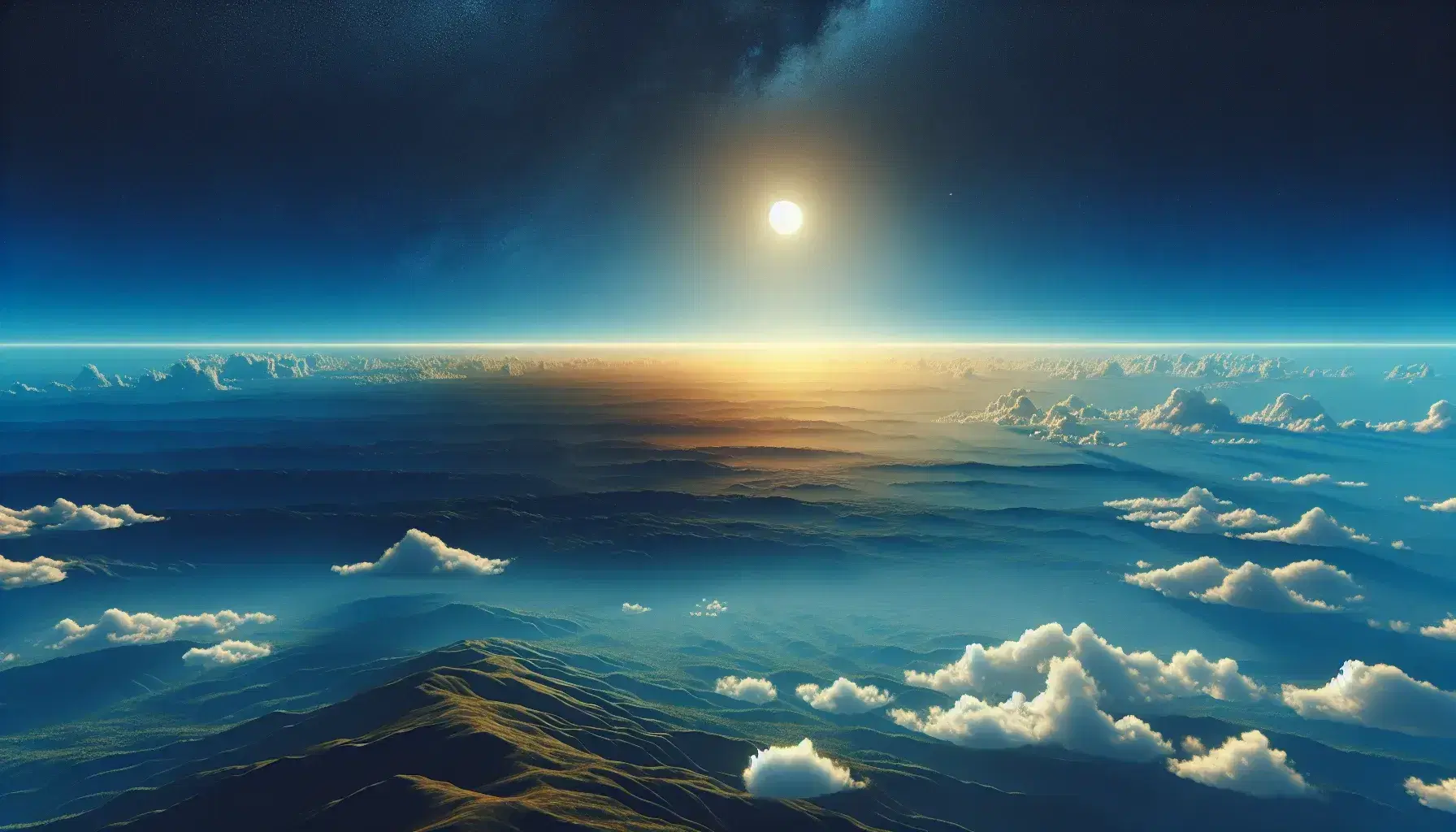 Clear skies with deep blue to clear shades, partially visible sun and golden clouds over pristine green hills.