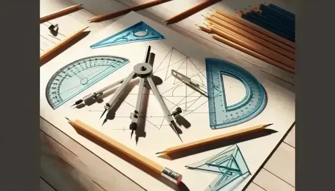 Set di strumenti geometrici su tavolo in legno chiaro con compasso, squadra, righello e proiettore, accanto a matite e foglio con disegni.