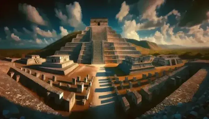 Vista panorámica de ruinas de una ciudad mesoamericana antigua con pirámide escalonada y columnas de piedra bajo cielo azul.