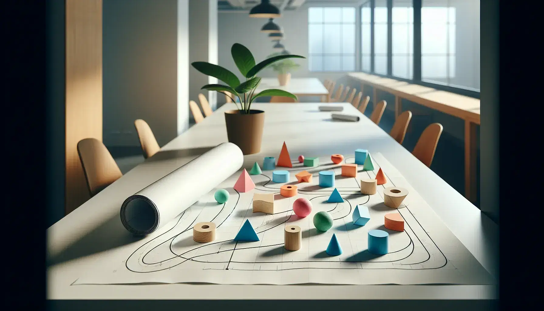 Espacio de trabajo luminoso con figuras geométricas organizadas y papel con líneas azules, rodeado de vegetación y bañado en luz natural.
