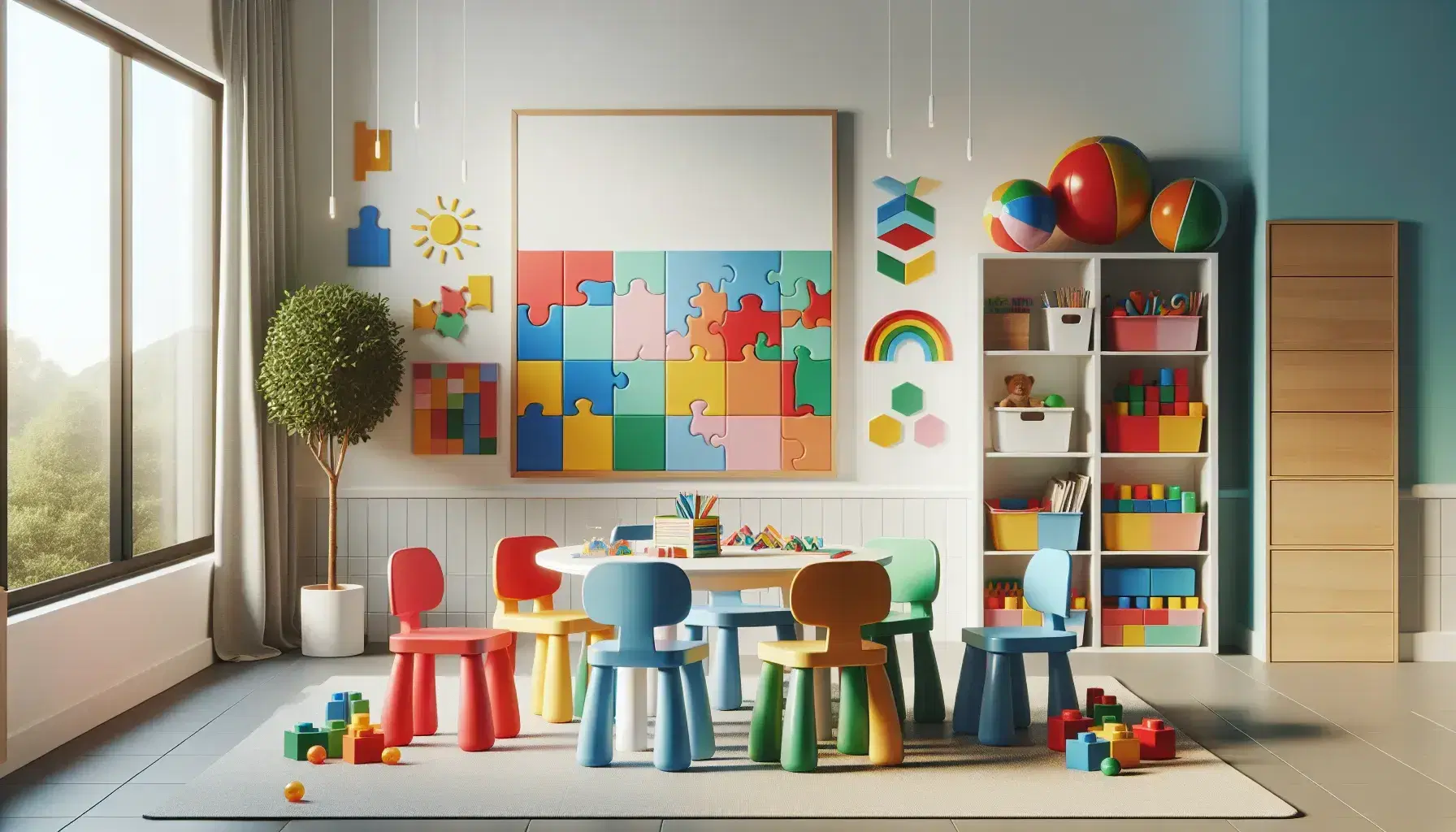 Aula colorida con mesa redonda y sillas plásticas roja, azul, verde y amarilla, rompecabezas, libros, bloques geométricos, pizarra blanca y estantería con juguetes.