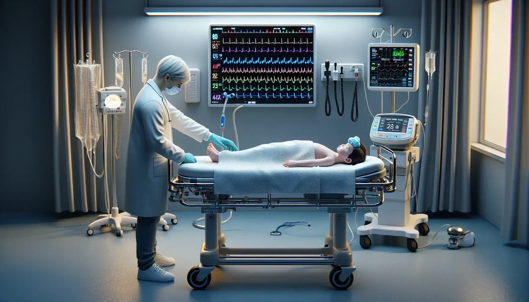 Niño en cama de hospital con compresa fría en la frente y termómetro digital al lado, médico atento junto a él y monitor de signos vitales al fondo.