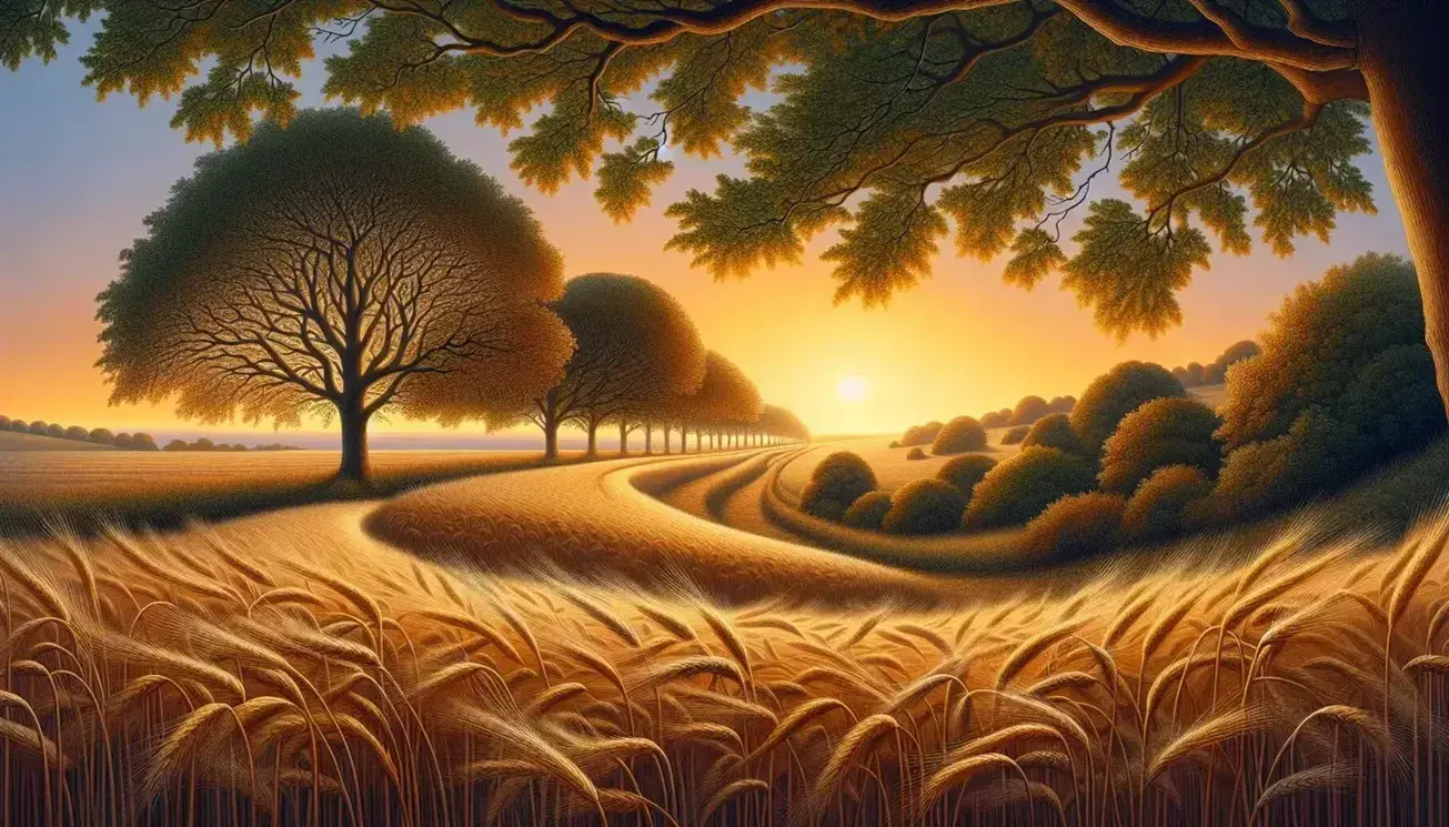 Paesaggio campestre al tramonto con campo di grano dorato in primo piano, alberi autunnali e collina erbosa sotto un cielo sfumato arancione-rosa.