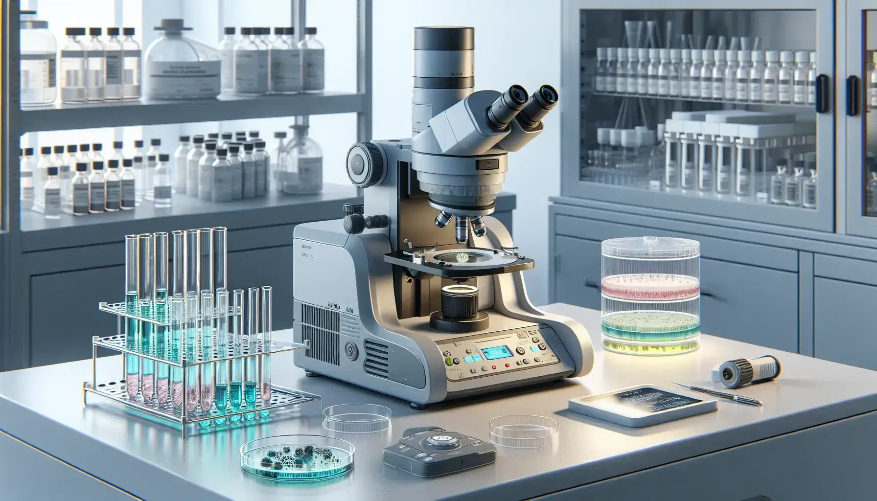 Laboratorio di ricerca genetica con microscopio elettronico, provette colorate, piastre di Petri e centrifuga.