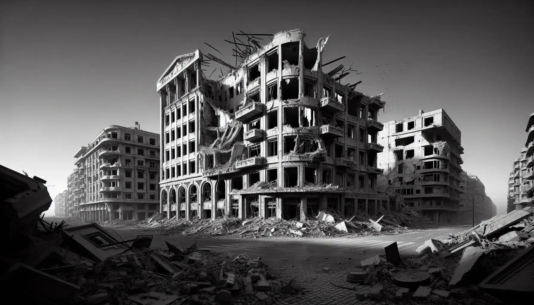 Paesaggio urbano in bianco e nero devastato dalla guerra con edificio maestoso danneggiato, detriti sparsi e strade deserte sotto un cielo sereno.