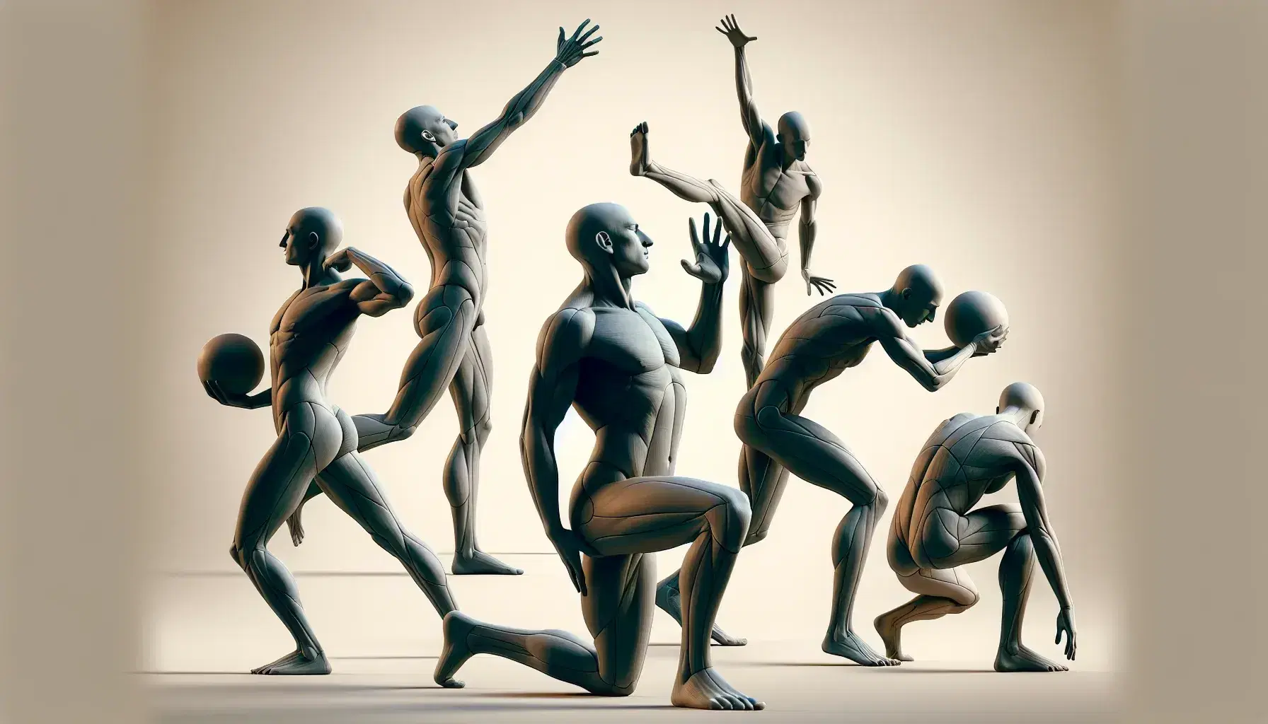 Grupo de cinco figuras humanas en posturas de actividad física, incluyendo estiramiento, calentamiento, lanzamiento, carrera y ejercicio de arranque, con fondo neutro y colores en tonos tierra.