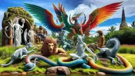 Escena mitológica con ángel alado, criatura híbrida ave-humano, esfinge y serpiente en paisaje natural con templo antiguo.