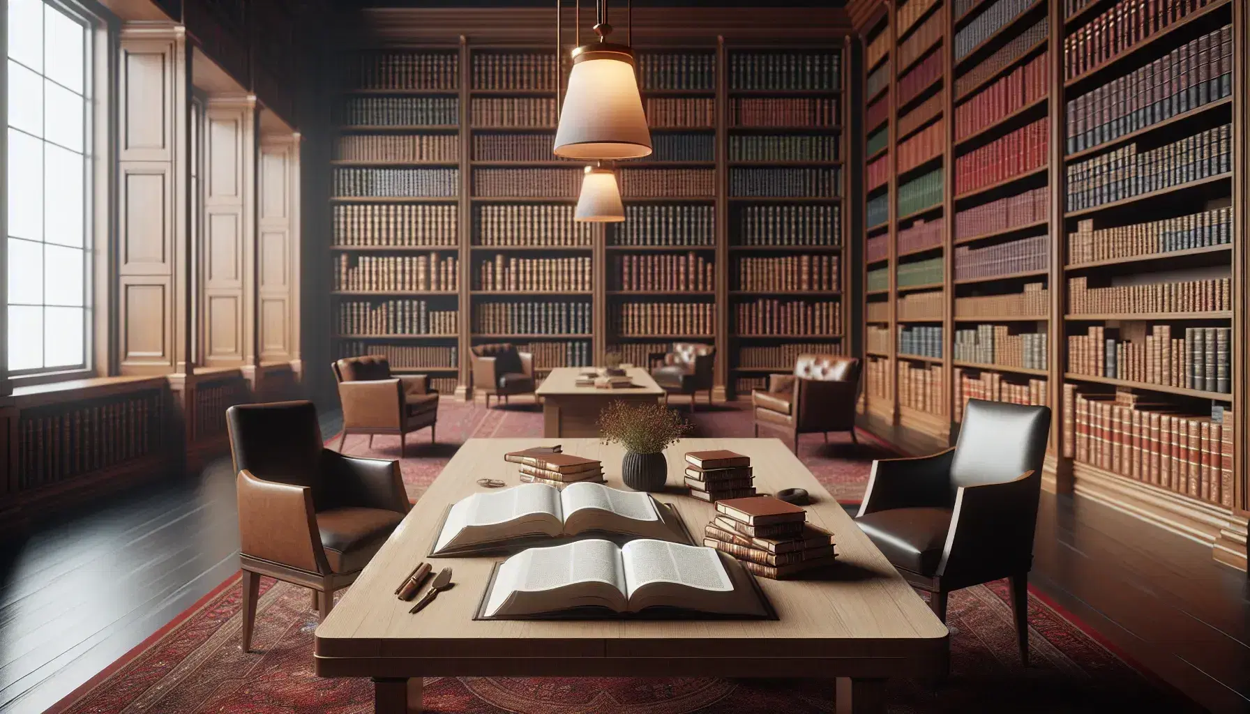 Biblioteca silenziosa con tavolo in legno chiaro, libri impilati, sedie imbottite e scaffali colmi di volumi rilegati sotto lampade pendenti.