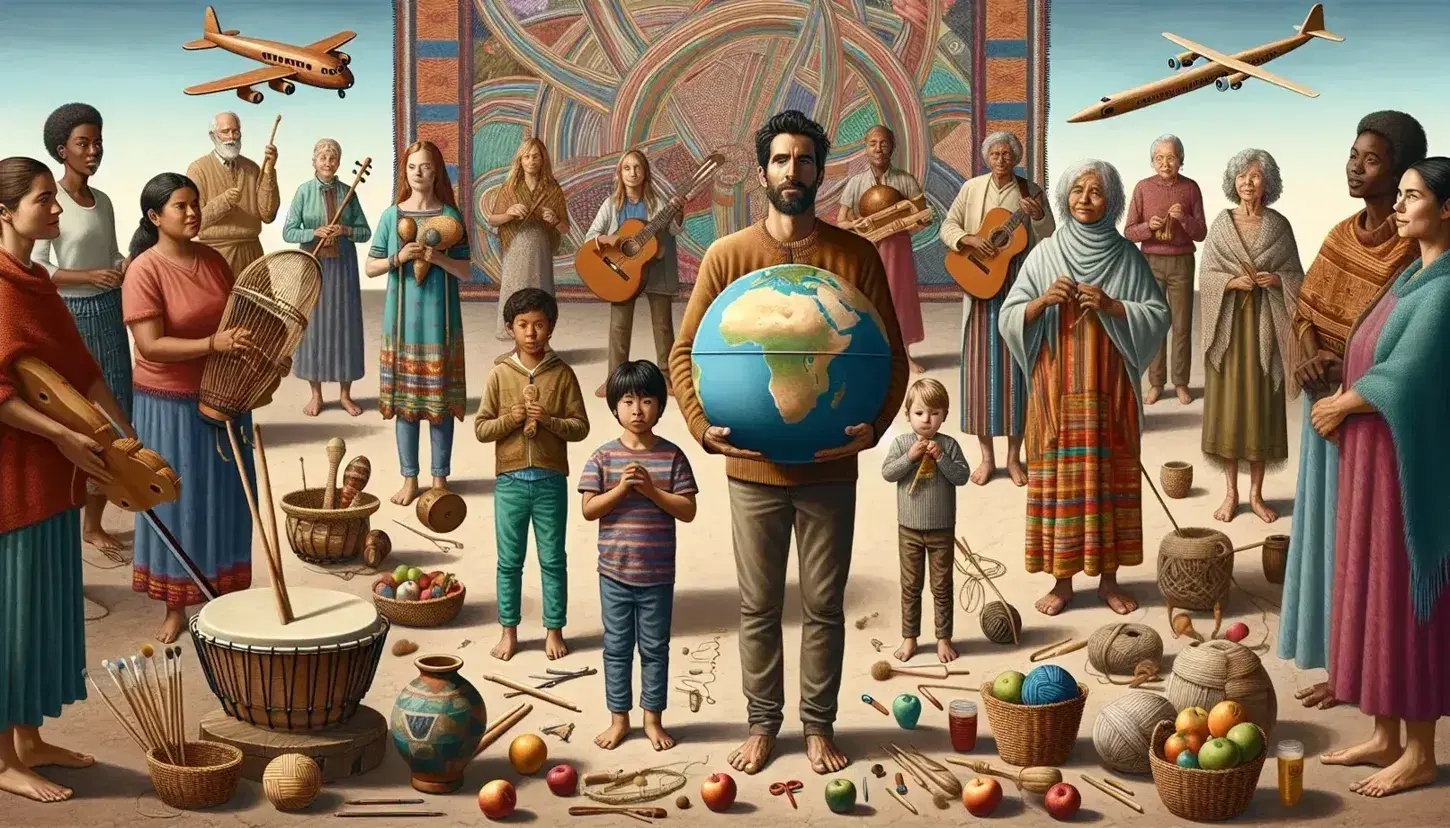 Grupo diverso de personas con un hombre sosteniendo un globo terráqueo, mujer tocando tambor, niño con avión de juguete y señora tejiendo, en un ambiente al aire libre con instrumentos musicales y frutas en una mesa.