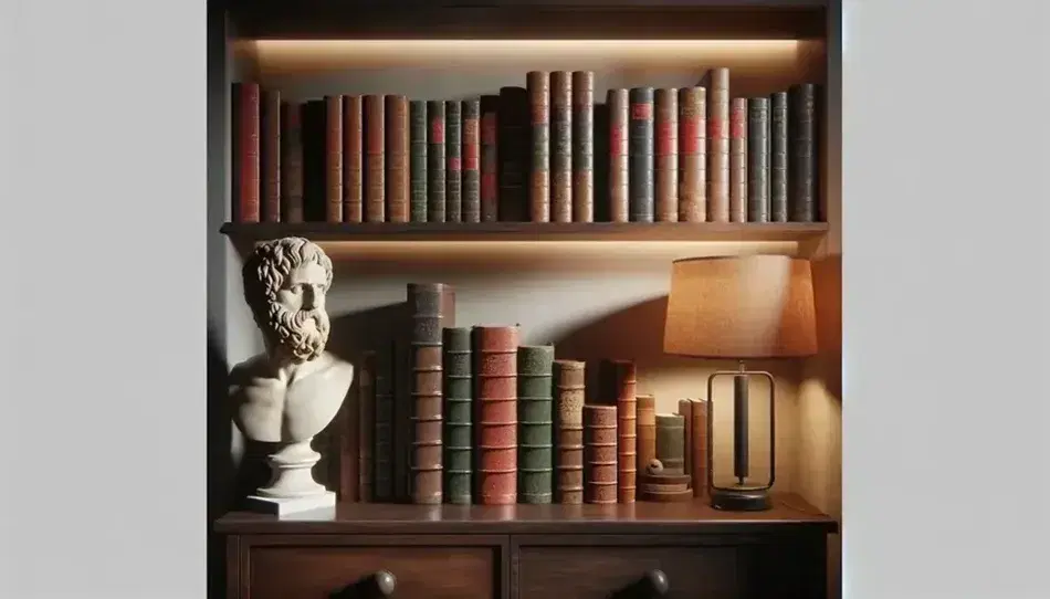 Estantería de madera oscura repleta de libros antiguos con lomos en tonos marrones, rojos y verdes, junto a un busto de filósofo clásico y una lámpara de mesa.