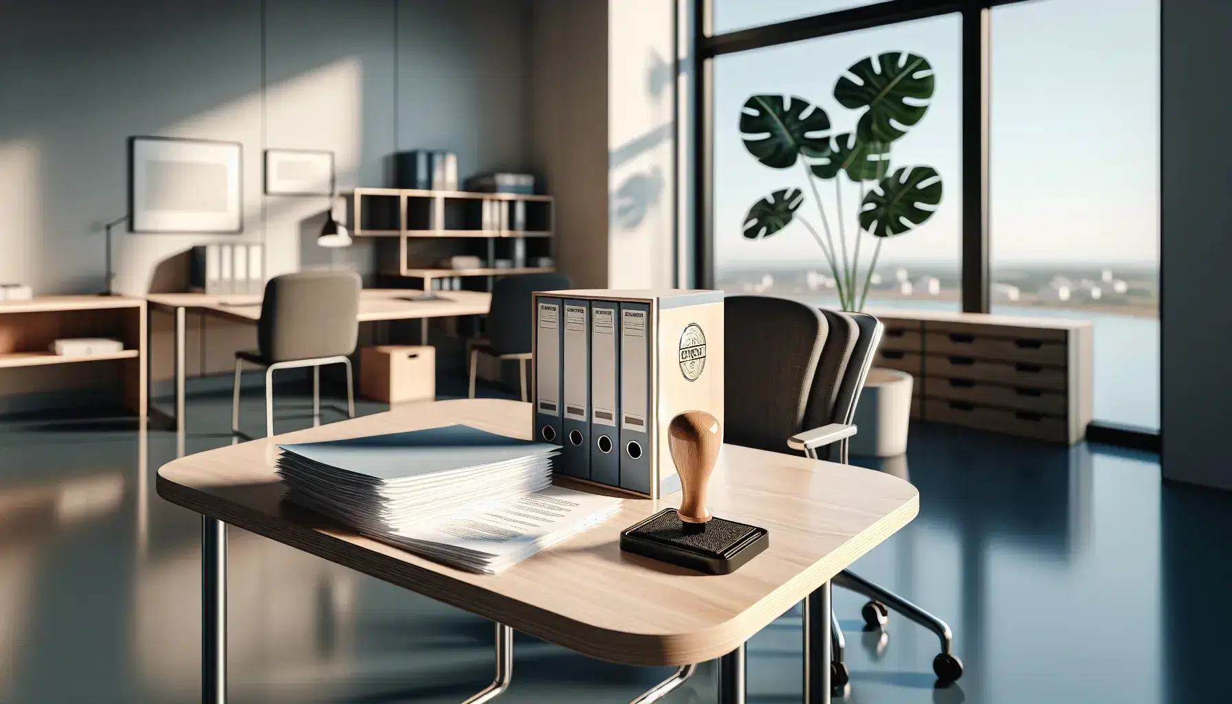 Oficina gubernamental moderna con mesa de madera, silla ergonómica, documentos apilados, sello y planta interior, frente a ventanales con vista a edificios.