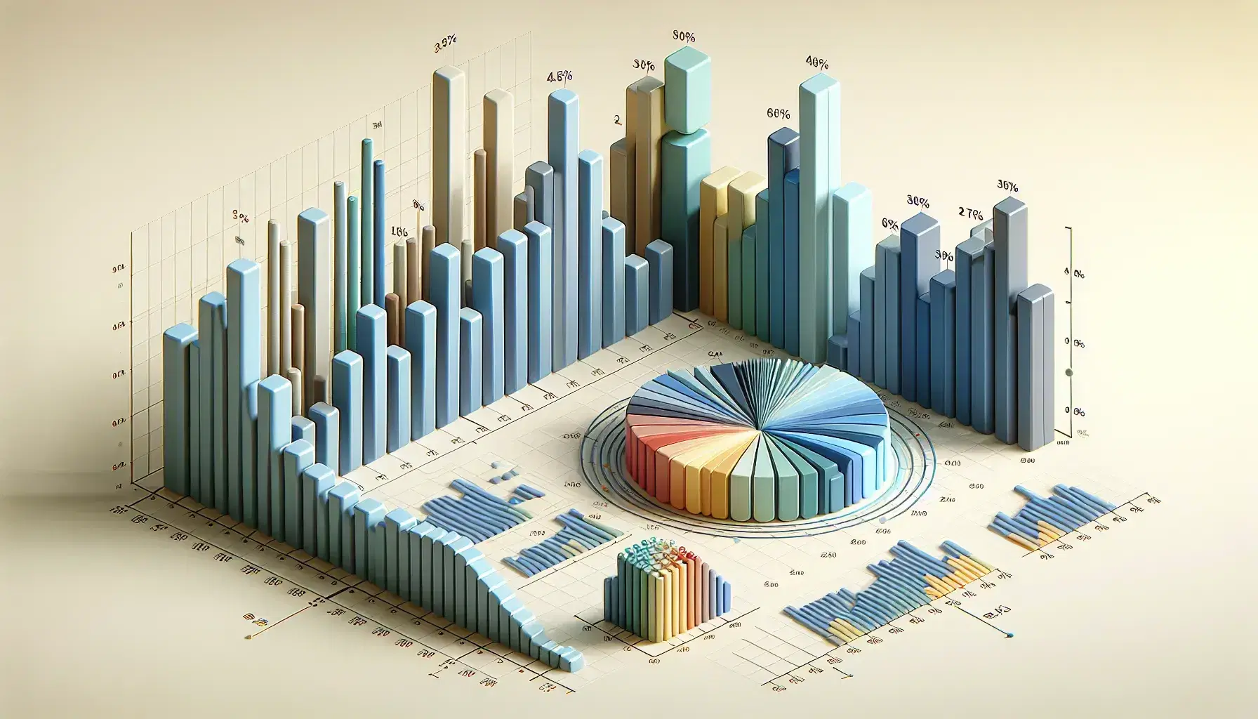 Gráficos de barras tridimensionales en tonos de azul con ejes sin marcar y gráfico circular dividido en segmentos de colores variados.