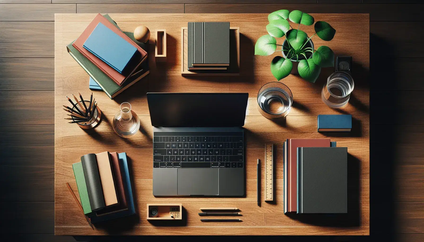 Organized wooden desk with a black laptop, stack of colorful hardcover books, half-filled glass beaker, green potted plant, scattered geometric wooden blocks, and a silver pen on a blank notebook.