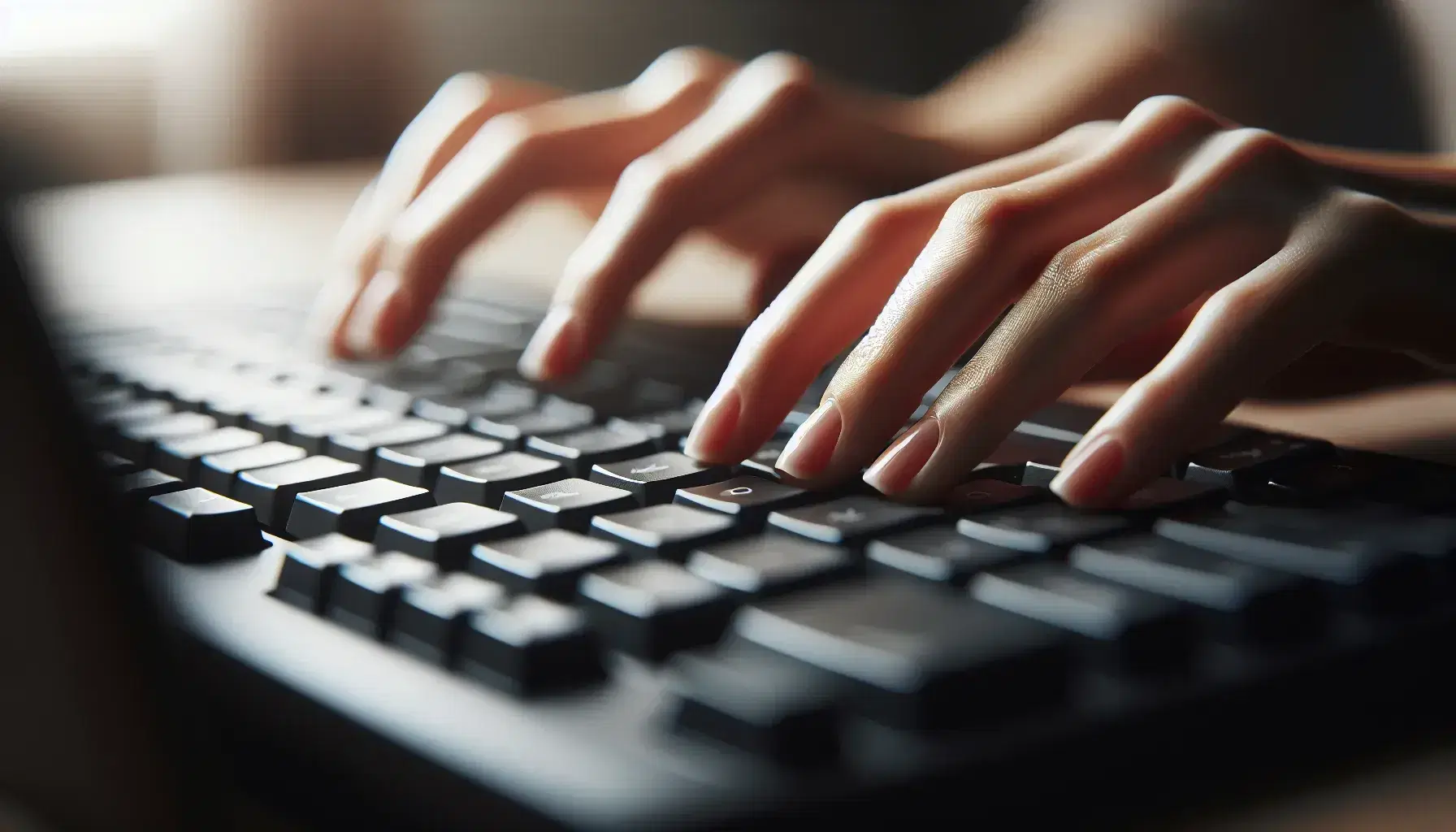 Mani con pelle chiara sopra tastiera computer nera senza scritte, dita pronte a digitare in ambiente sfocato.