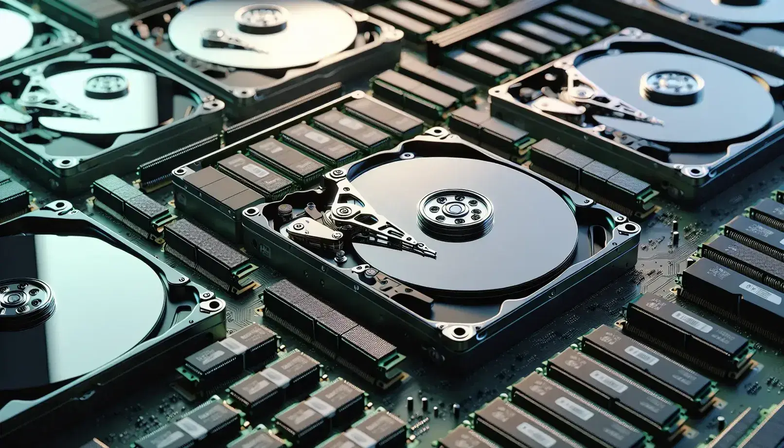 Close-up of stacked hard drives and SSDs with metallic reflections and blurry RAM in the background, in a neat and precise arrangement.