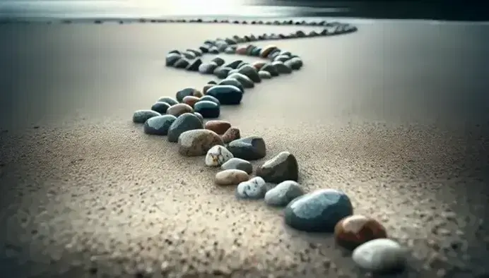 Piedras de río en degradado de tamaños formando una línea diagonal sobre arena fina, con agua y reflejos del cielo al fondo, en un ambiente natural.