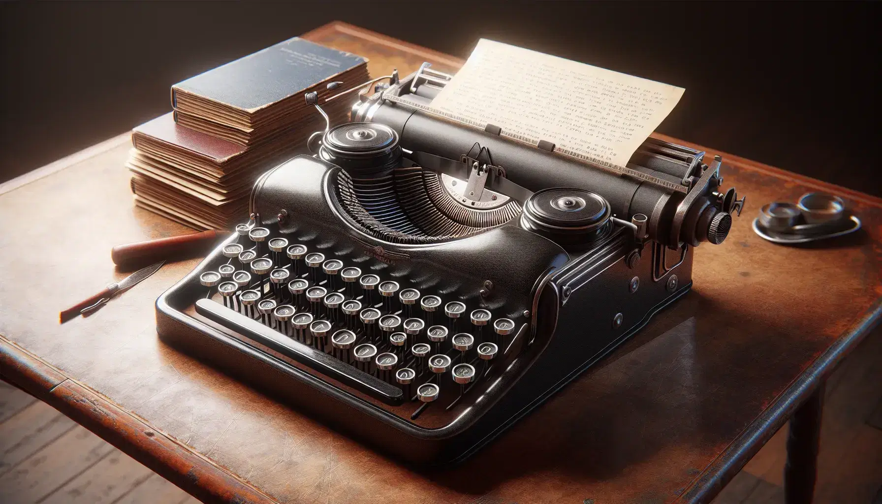 Vintage black typewriter on a wooden desk with a stack of paper, an open hardcover book, and a mug of writing utensils, in a softly lit room.