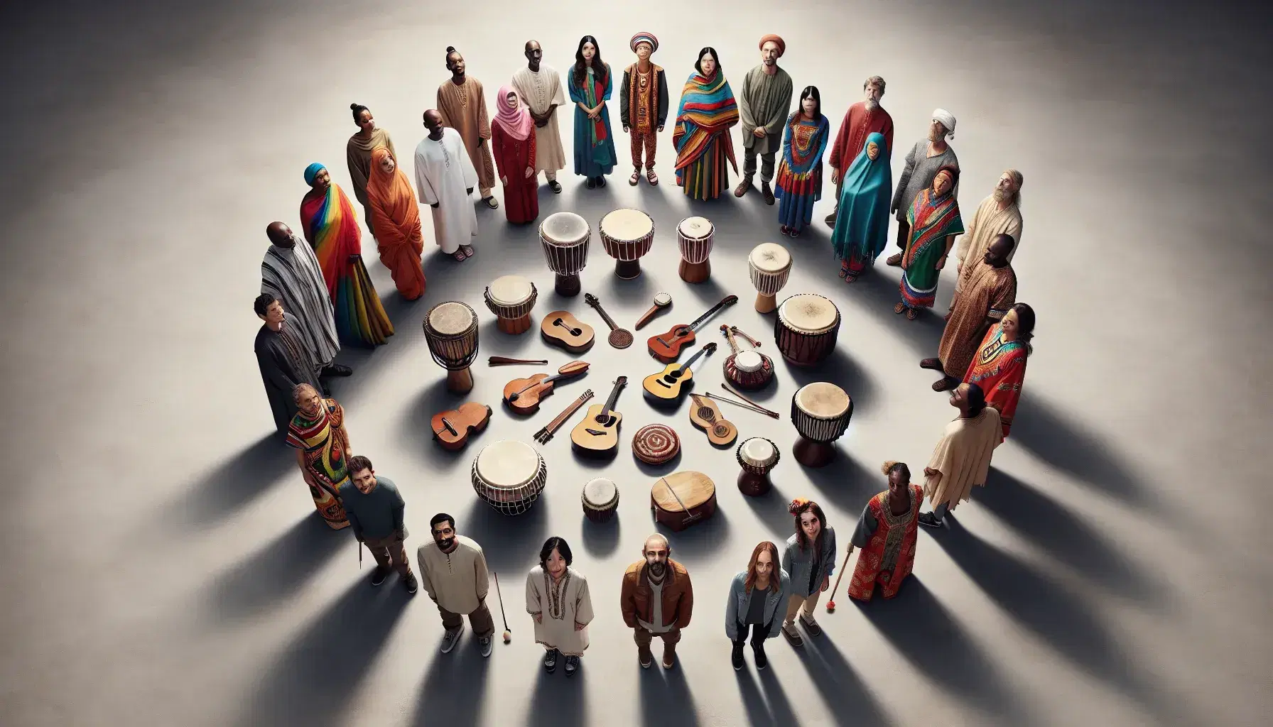 Circle of multi-ethnic people in traditional and modern clothes with global musical instruments such as djembe, sitar, guitar and violin in the center.