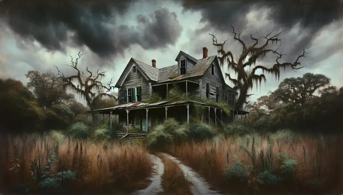 Desolate Southern farmhouse with peeling paint, broken windows, and overgrown vegetation under a stormy sky, evoking abandonment.