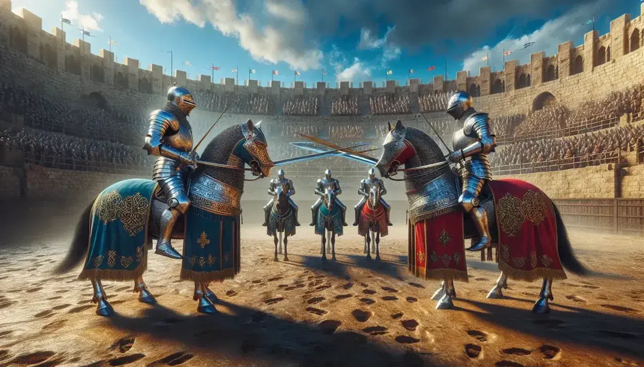 Duello medievale tra cavalieri in armature argento e oro con cavalli bardati, sotto un cielo azzurro con spettatori sulle tribune rocciose.