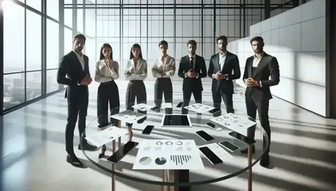 Grupo de cinco profesionales en reunión de trabajo en oficina moderna con mesa de vidrio, dispositivos electrónicos y papeles con gráficos.
