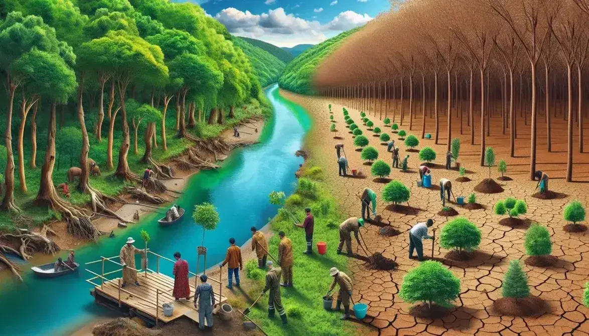 Paisaje natural dividido en zona verde con río y gente reforestando y zona árida con torre de agua abandonada bajo cielo despejado.