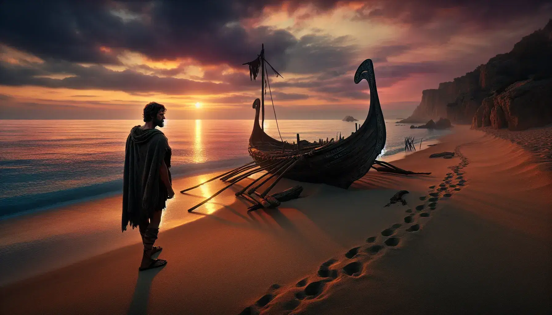 Tramonto su spiaggia con barca antica, Ulisse in meditazione, albero d'olivo e altare con offerte, cielo con uccelli volanti.
