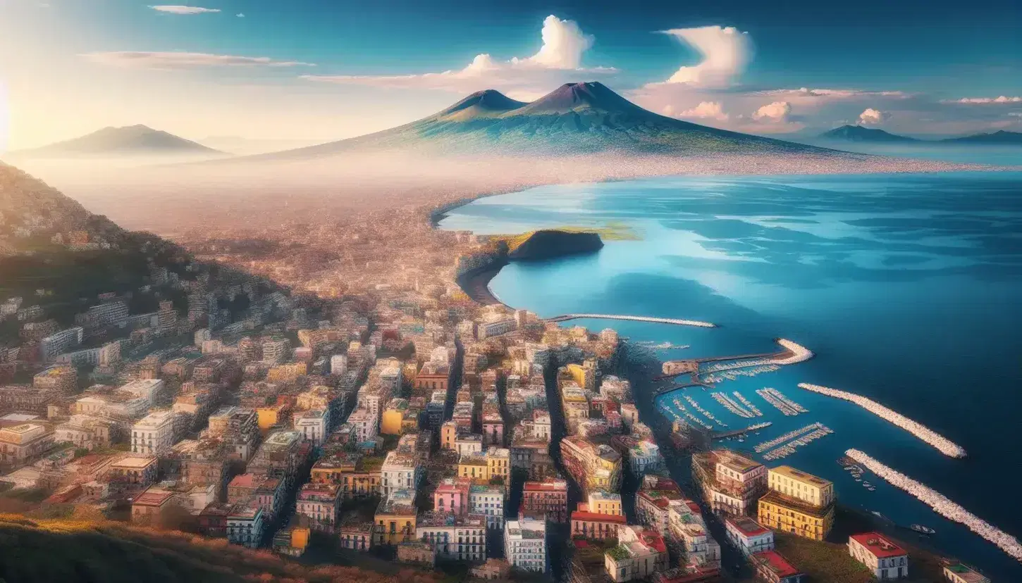 Veduta panoramica del Golfo di Napoli con il Vesuvio sullo sfondo, case color pastello lungo la costa e campi coltivati a destra.