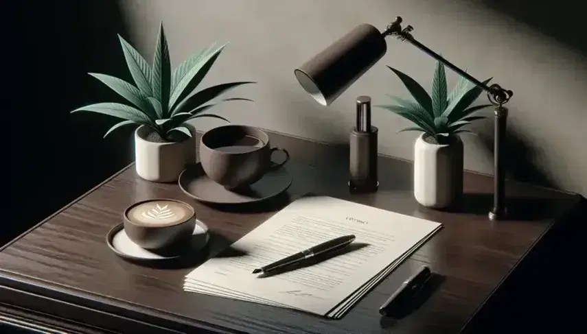 Scrivania in legno scuro con fogli bianchi, penna stilografica nera, tazza di caffè e pianta verde in vaso grigio, lampada con paralume beige sullo sfondo.