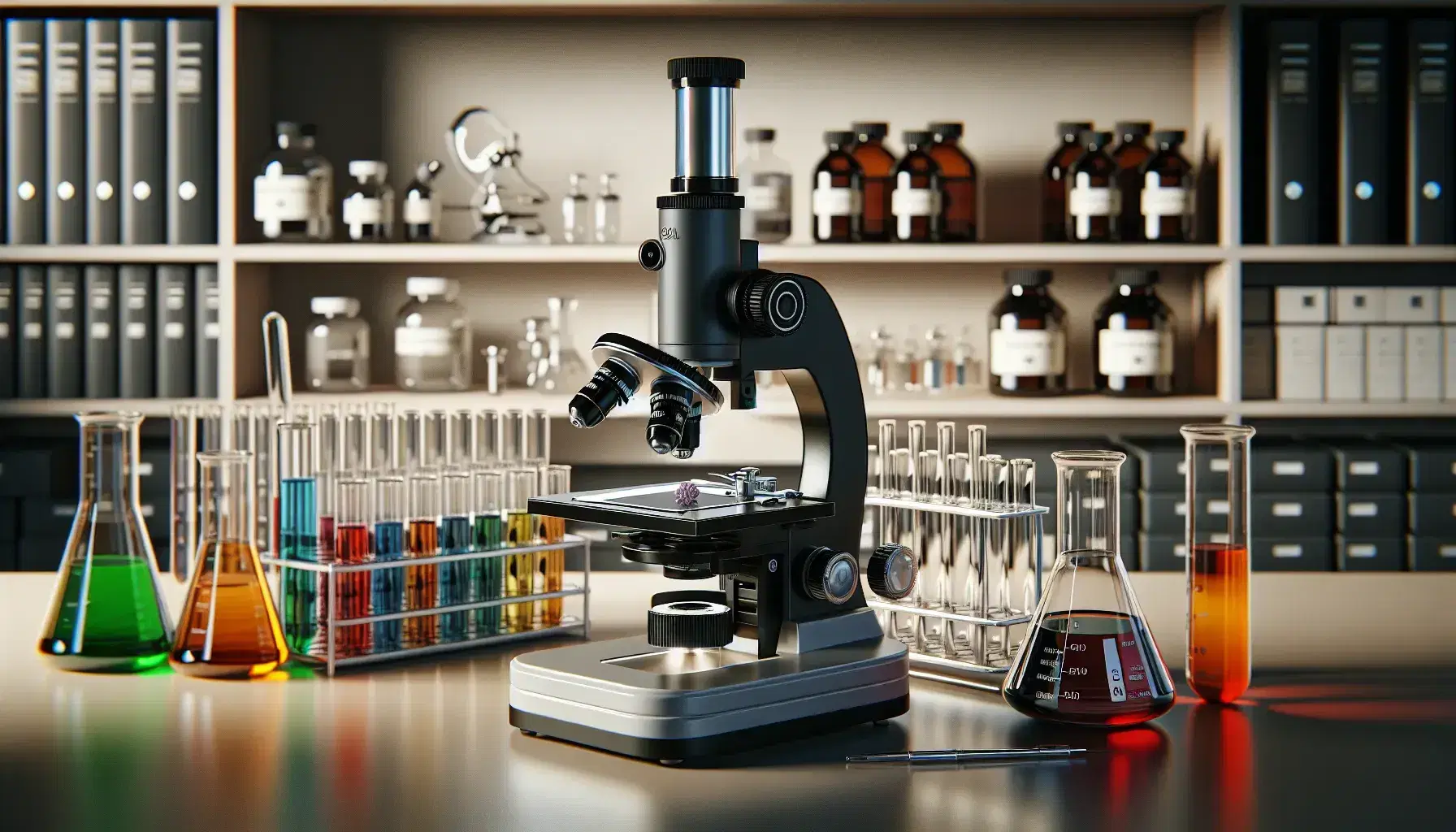 Microscopio compuesto en laboratorio de biología con portaobjetos y tubos de ensayo con líquidos de colores en soporte, estantería con frascos al fondo.
