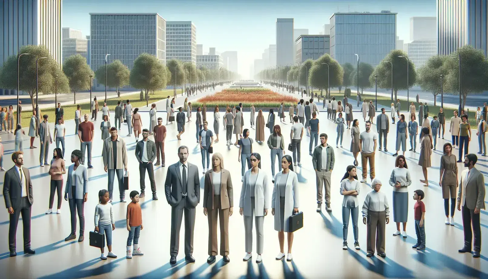 Grupo diverso de personas en un parque urbano con un hombre y una mujer de negocios en el centro, rodeados de individuos de todas las edades y etnias en un día soleado.