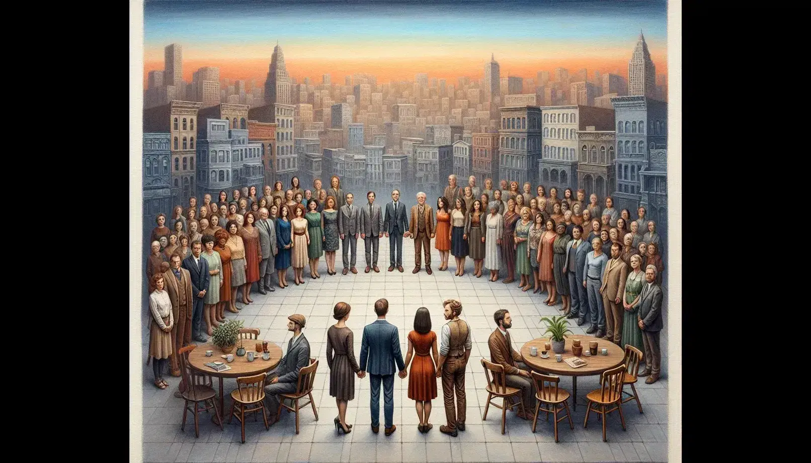 Diverse group of people in semi-circle with couple in center holding hands together, urban background with orange to blue gradient sky.