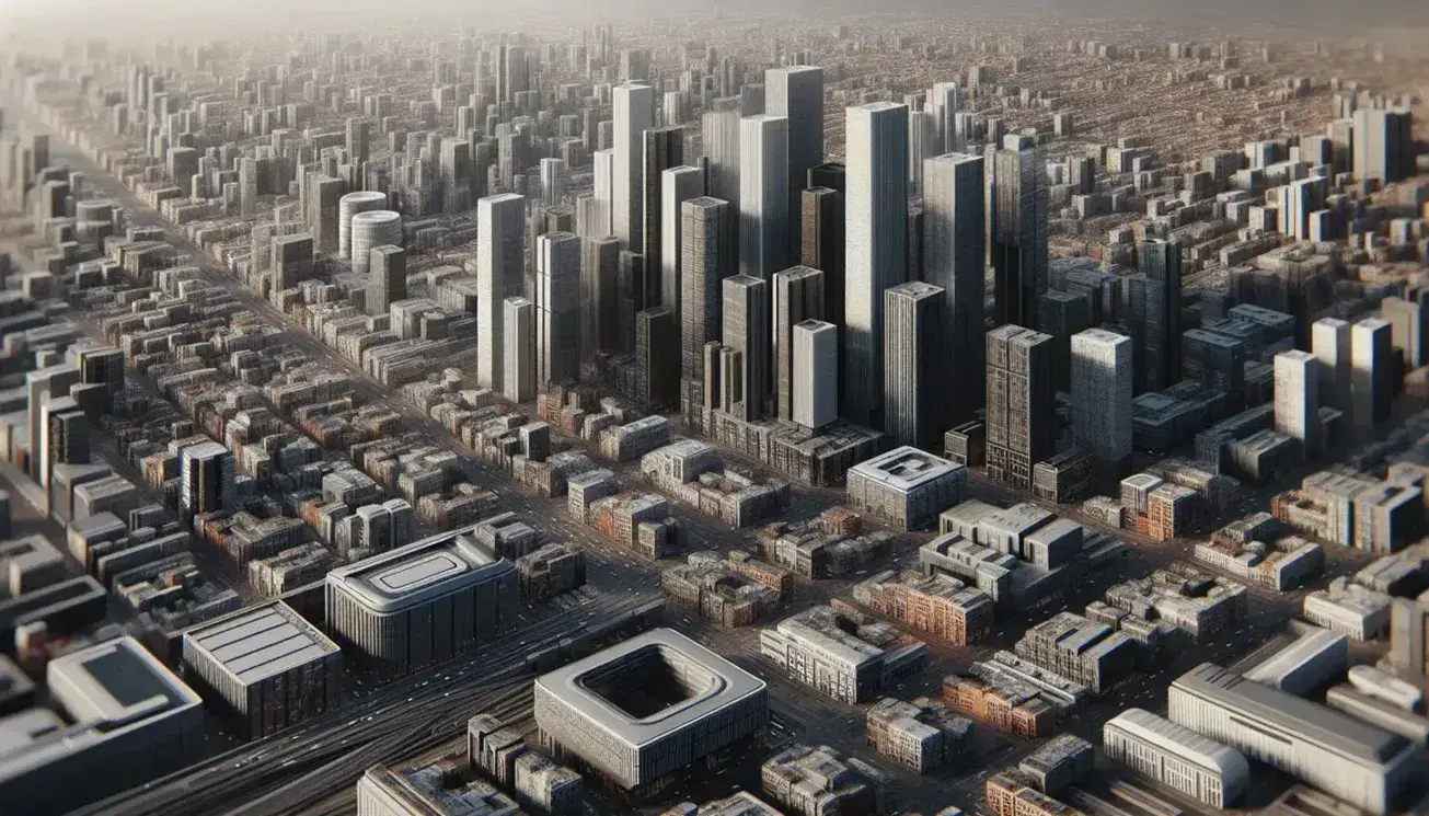Vista aérea de una zona urbana densamente poblada con rascacielos en un distrito financiero y áreas industriales, rodeada de calles y vías de tren, bajo un cielo azul con nubes dispersas.