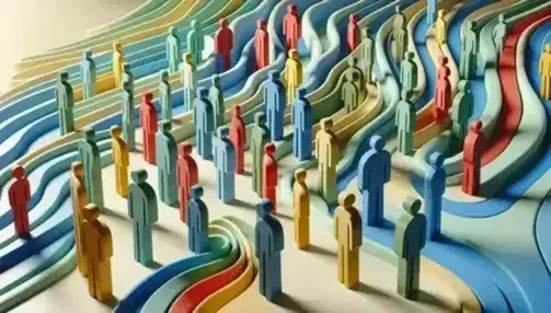 Figuras humanas abstractas y coloridas representando diversidad en fondo ondulado azul y verde, sin detalles faciales ni de vestimenta, promoviendo anonimato y unidad.