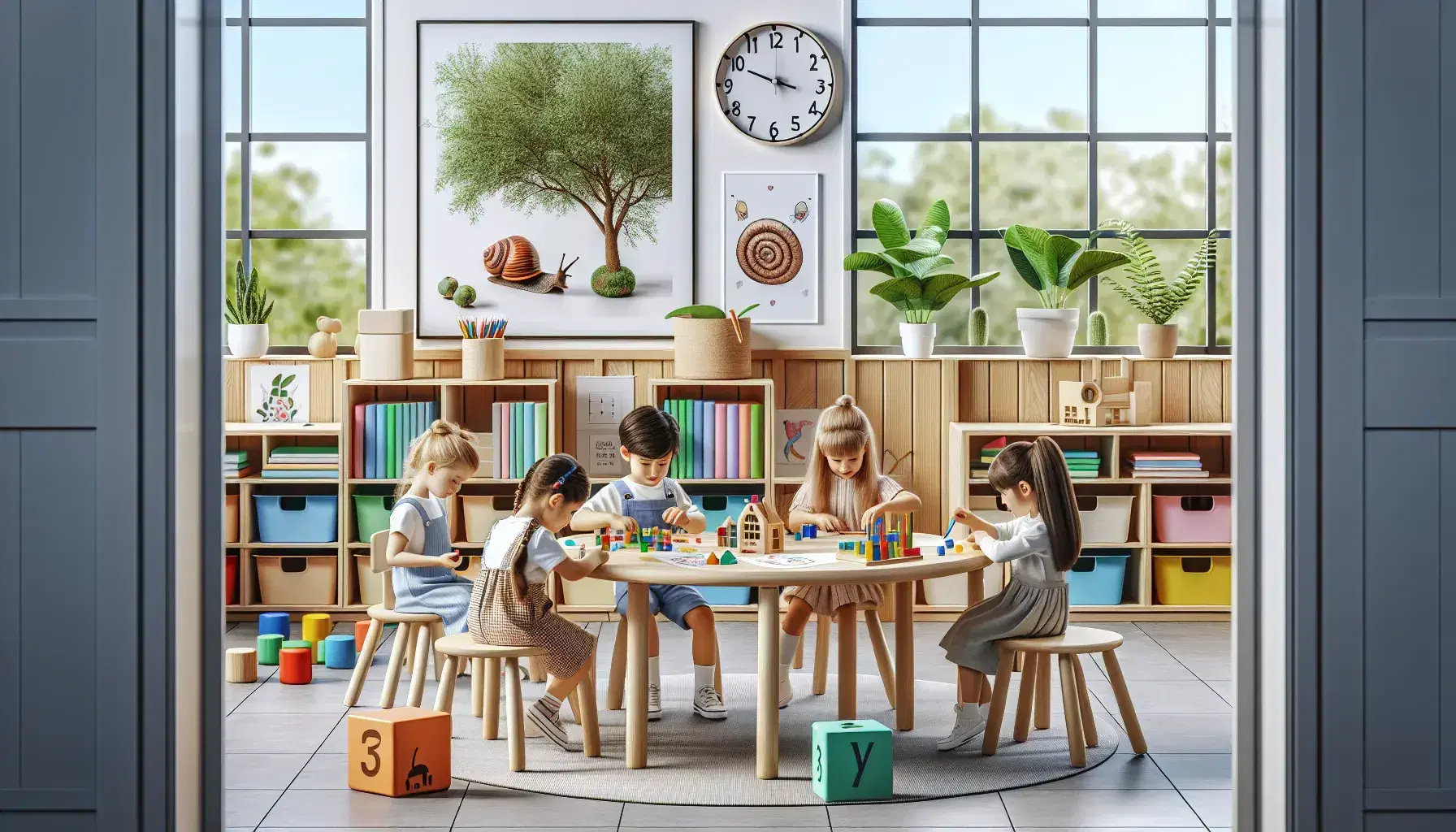 Aula escolar colorida con niños participando en actividades educativas, manipulando bloques, dibujando, observando un caracol y armando un rompecabezas, rodeados de estantes con libros y juguetes.