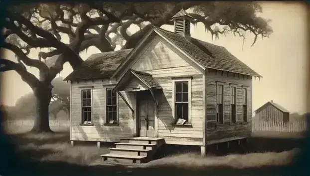 19th-century rural schoolhouse with faded wooden walls and a pitched roof, surrounded by oak trees and a meadow with wild flowers under a clear sky.