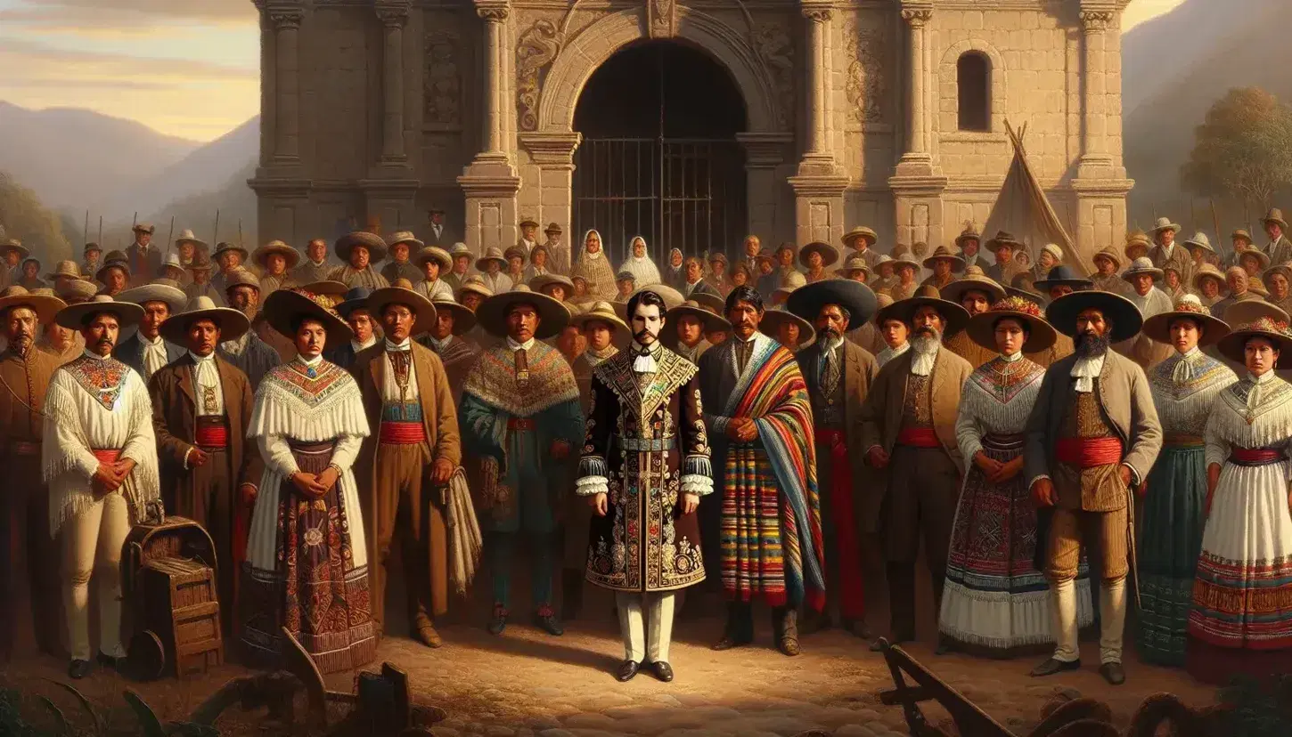 Grupo de personas en vestimenta de época del siglo XIX, con una figura central en atuendo ornamental y otros en trajes simples y sombreros, frente a una estructura de piedra antigua.